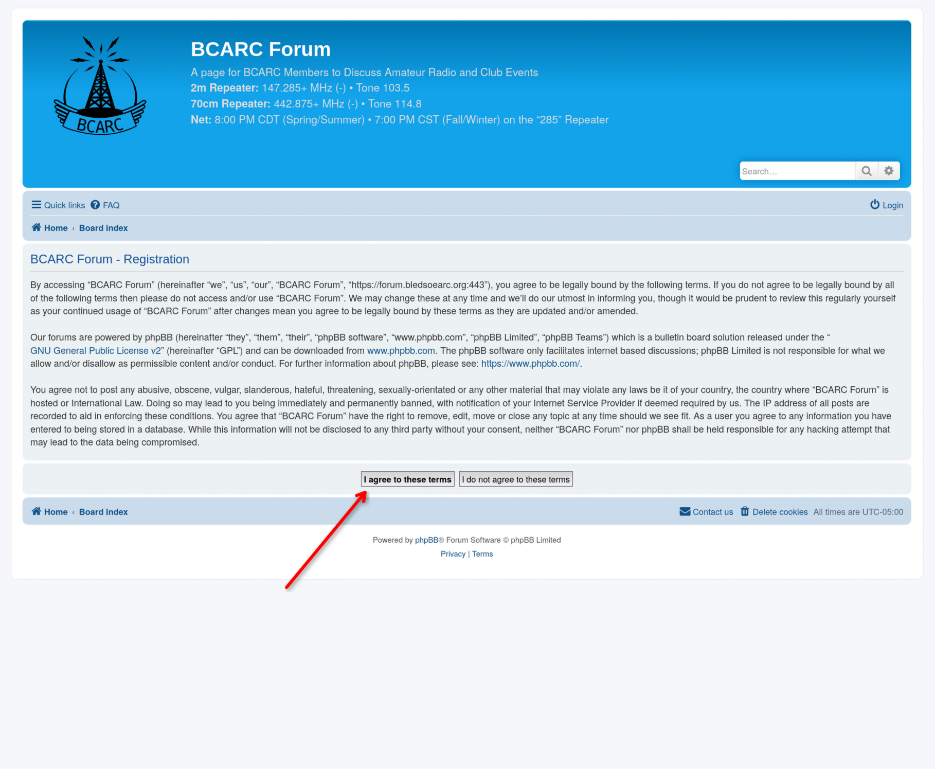 Screenshot showing an arrow pointed at &ldquo;I agree to these terms&rdquo;
